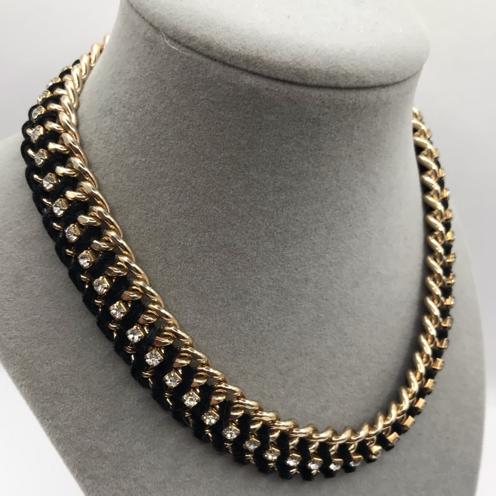 Gold-Tone, Black Suede & Rhinestone Collar Necklace - Picture 2 of 8